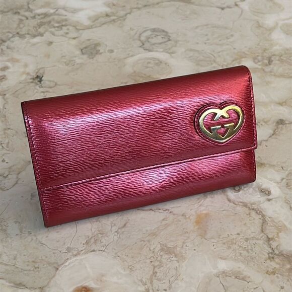 GUCCI Red Shiny Leather Interlocking G Heart Flap Long Wallet - Picture 1 of 14
